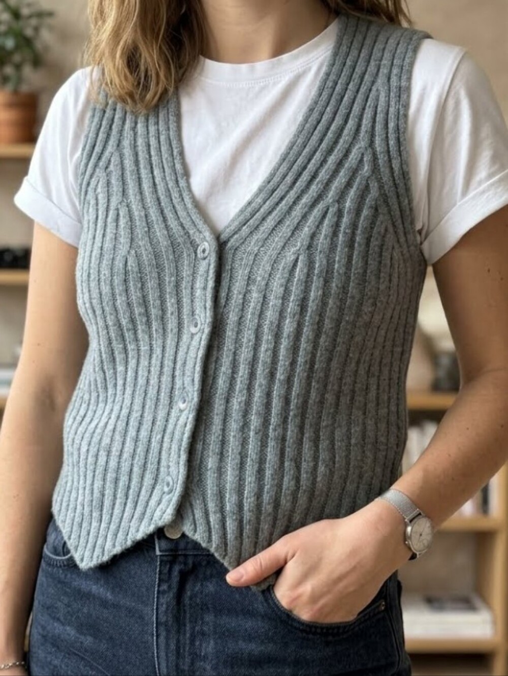 BE COOL Ribbed V-Neck Button-Front Gray Knit Vest